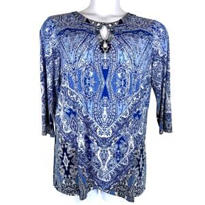 Susan Graver Artisan Large blue White paisley beaded sequin women knit Blouse